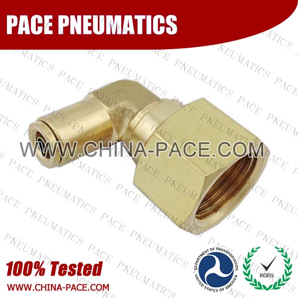 Female Swivel Elbow DOT Push To Connect Air Brake Fittings, DOT Push In Air Brake Tube Fittings, DOT Approved Brass Push To Connect Fittings, DOT Fittings, DOT Air Line Fittings, Air Brake Parts
